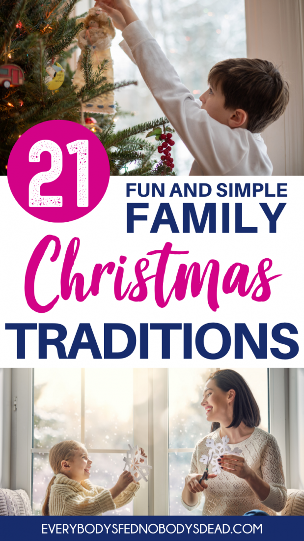 Family Christmas traditions don't have to be complicated and expensive! Make memories as you decorate, do a Christmas puzzle, hunt for candy canes, make ornaments, and more! Make memories without sacrificing your mental health or budget. These easy family Christmas traditions are affordable and fun for all ages. This list includes Christmas movies to watch, books to read, DIY kid ornaments, white elephant gift ideas, and so much more! #Christmas #Christmastraditions #familyChristmastraditions